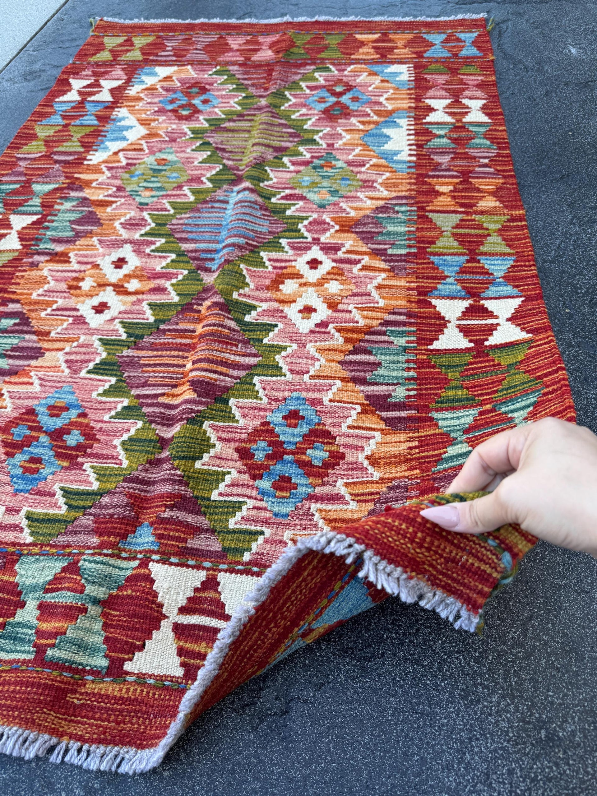 3x4 Handmade Afghan Kilim Runner Rug | Brick Red Burgundy Burnt Orange Peach Pink Mustard Gold Olive Green Forest Green Teal Aqua Sky Blue