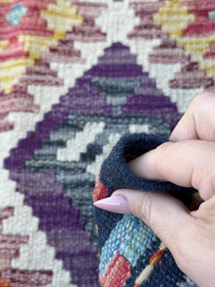 2x5 Handmade Afghan Kilim Runner Rug | Cream White, Deep Navy, Plum Purple, Sage Green, Burnt Orange, Golden Yellow, Teal, Coral Pink