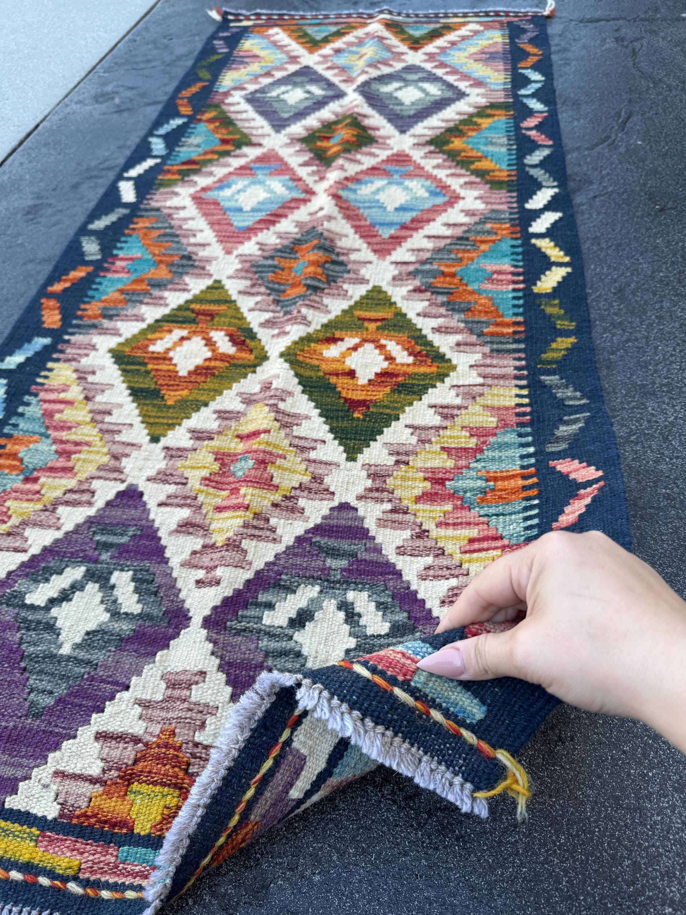 2x5 Handmade Afghan Kilim Runner Rug | Cream White, Deep Navy, Plum Purple, Sage Green, Burnt Orange, Golden Yellow, Teal, Coral Pink