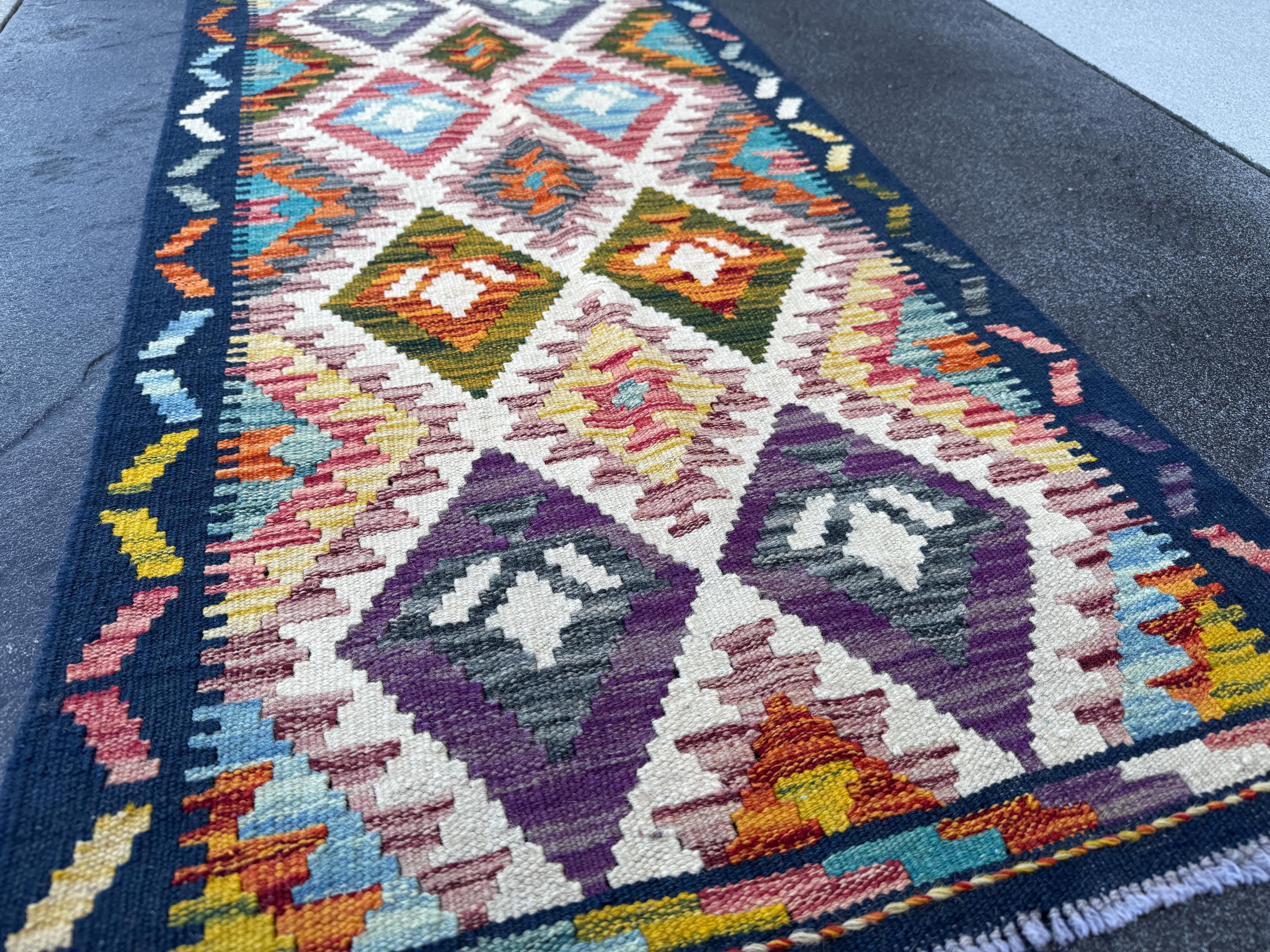 2x5 Handmade Afghan Kilim Runner Rug | Cream White, Deep Navy, Plum Purple, Sage Green, Burnt Orange, Golden Yellow, Teal, Coral Pink