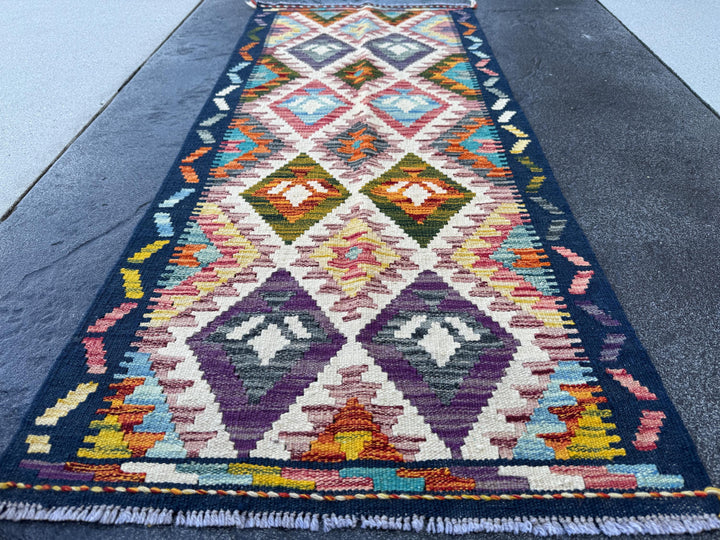 2x5 Handmade Afghan Kilim Runner Rug | Cream White, Deep Navy, Plum Purple, Sage Green, Burnt Orange, Golden Yellow, Teal, Coral Pink