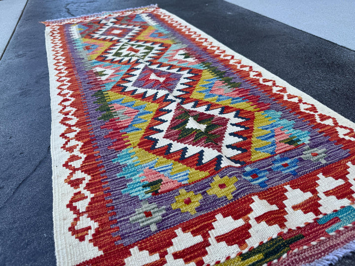 2x5 Handmade Afghan Kilim Runner Rug | Cream White Brick Red Burnt Orange Mustard Yellow Sky Blue Aqua Teal Pink Forest Green Olive Purple
