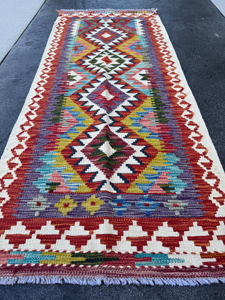 2x5 Handmade Afghan Kilim Runner Rug | Cream White Brick Red Burnt Orange Mustard Yellow Sky Blue Aqua Teal Pink Forest Green Olive Purple