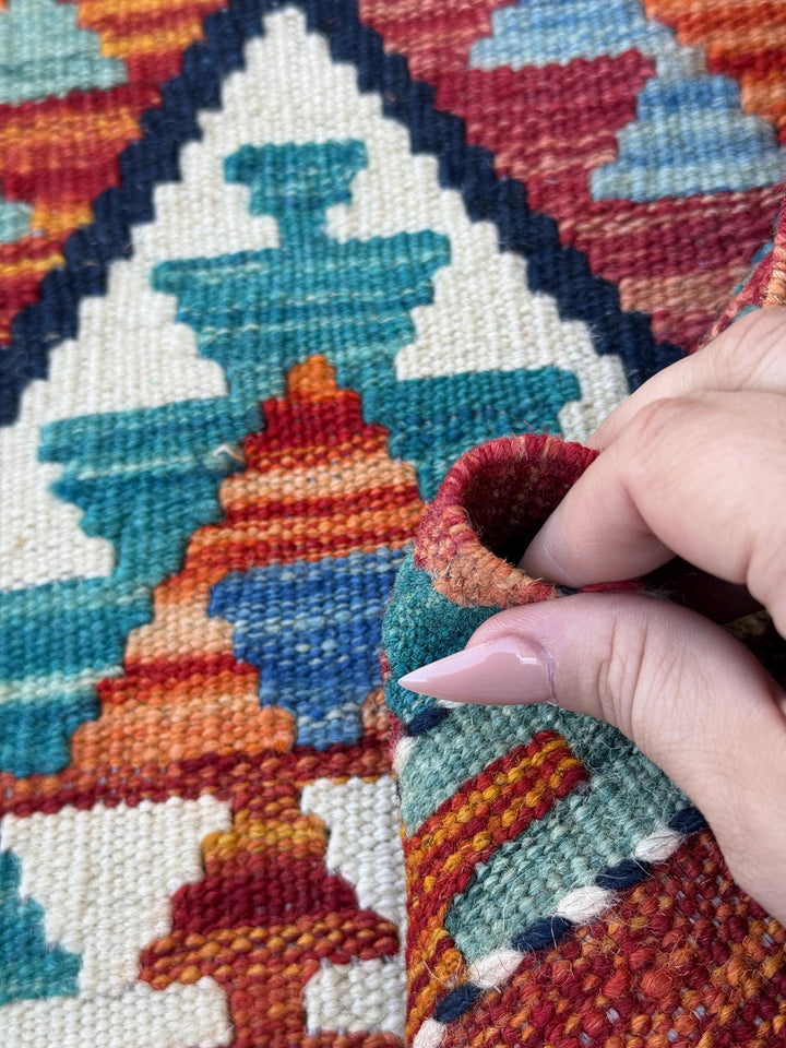 3x4 (91x121) Handmade Afghan Kilim Rug | Turquoise Rust Red Burnt Orange Forest Green Mustard Navy Blue Ivory Purple | Wool Flatweave