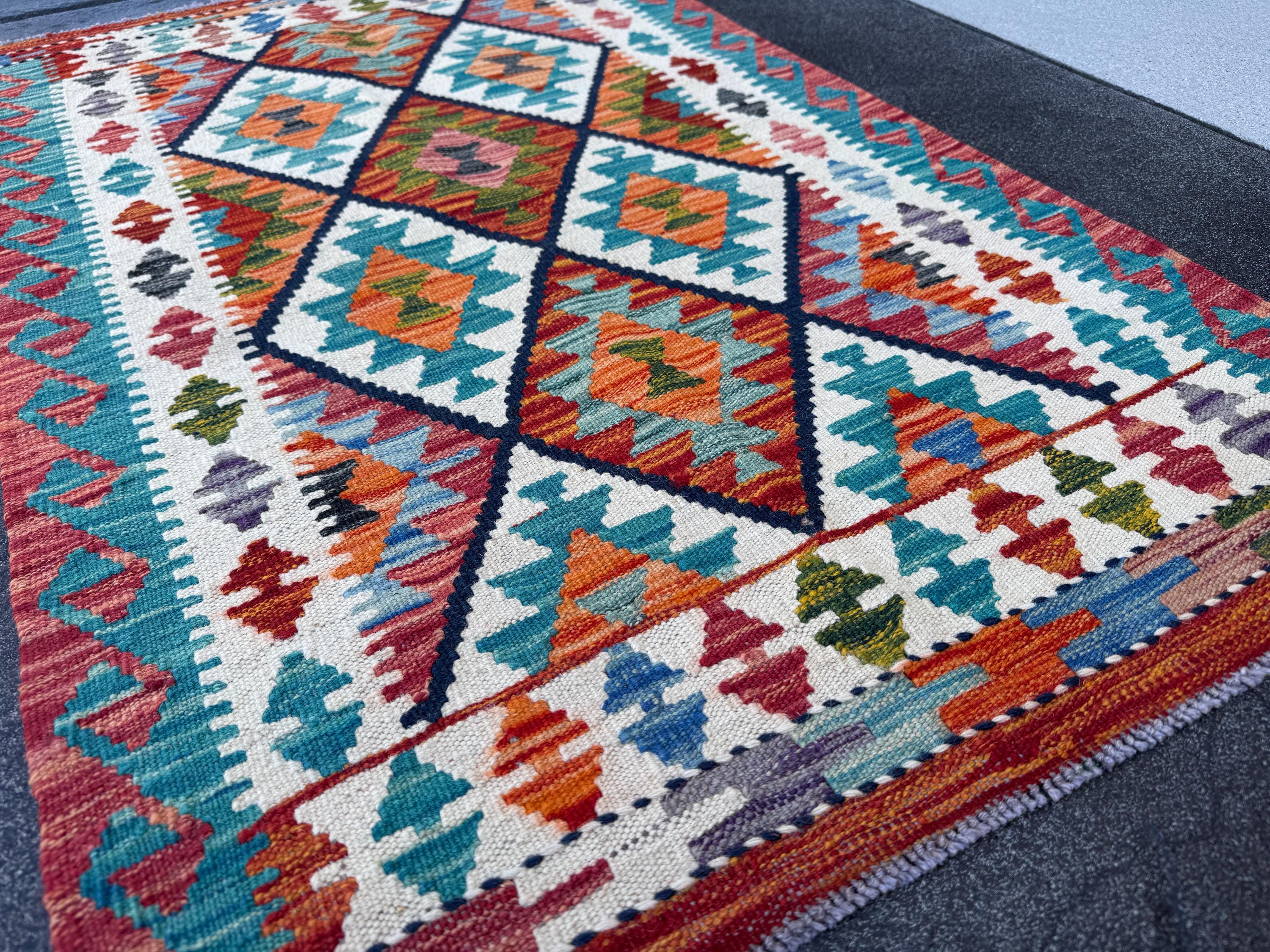 3x4 (91x121) Handmade Afghan Kilim Rug | Turquoise Rust Red Burnt Orange Forest Green Mustard Navy Blue Ivory Purple | Wool Flatweave