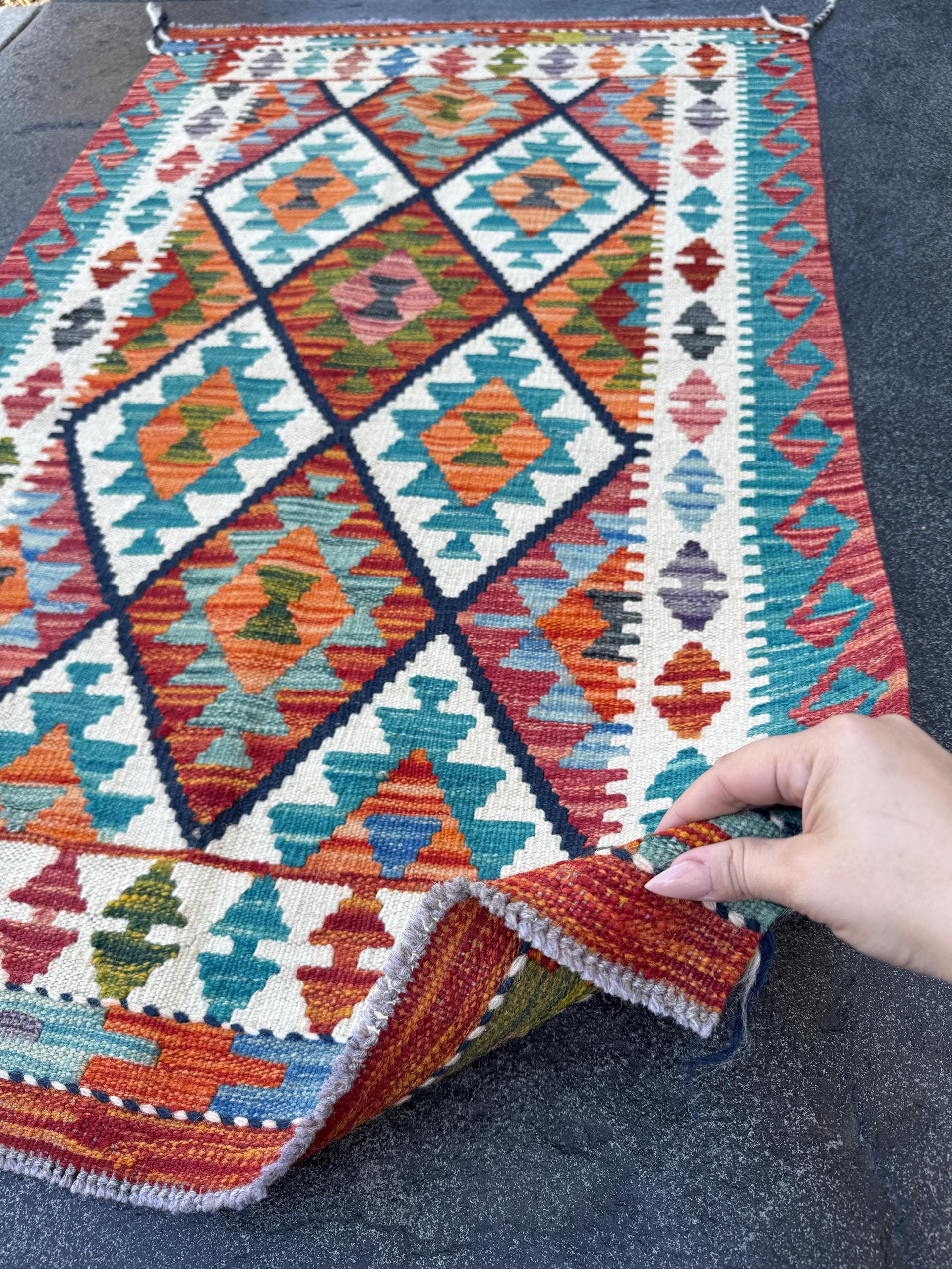 3x4 (91x121) Handmade Afghan Kilim Rug | Turquoise Rust Red Burnt Orange Forest Green Mustard Navy Blue Ivory Purple | Wool Flatweave