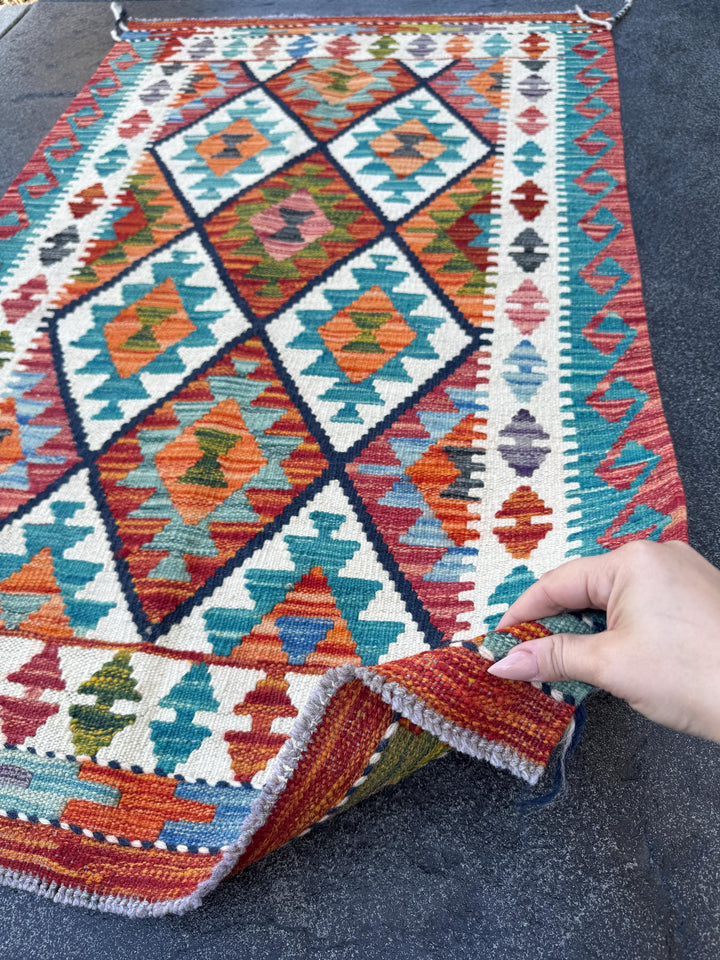 3x4 (91x121) Handmade Afghan Kilim Rug | Turquoise Rust Red Burnt Orange Forest Green Mustard Navy Blue Ivory Purple | Wool Flatweave