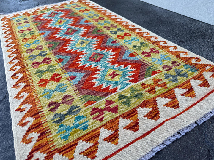 3x5 Handmade Afghan Kilim Rug | Cream Rust Red Burgundy Maroon Aqua Teal Turquoise Mustard Yellow Olive Green Grey Black | Wool Flatwoven