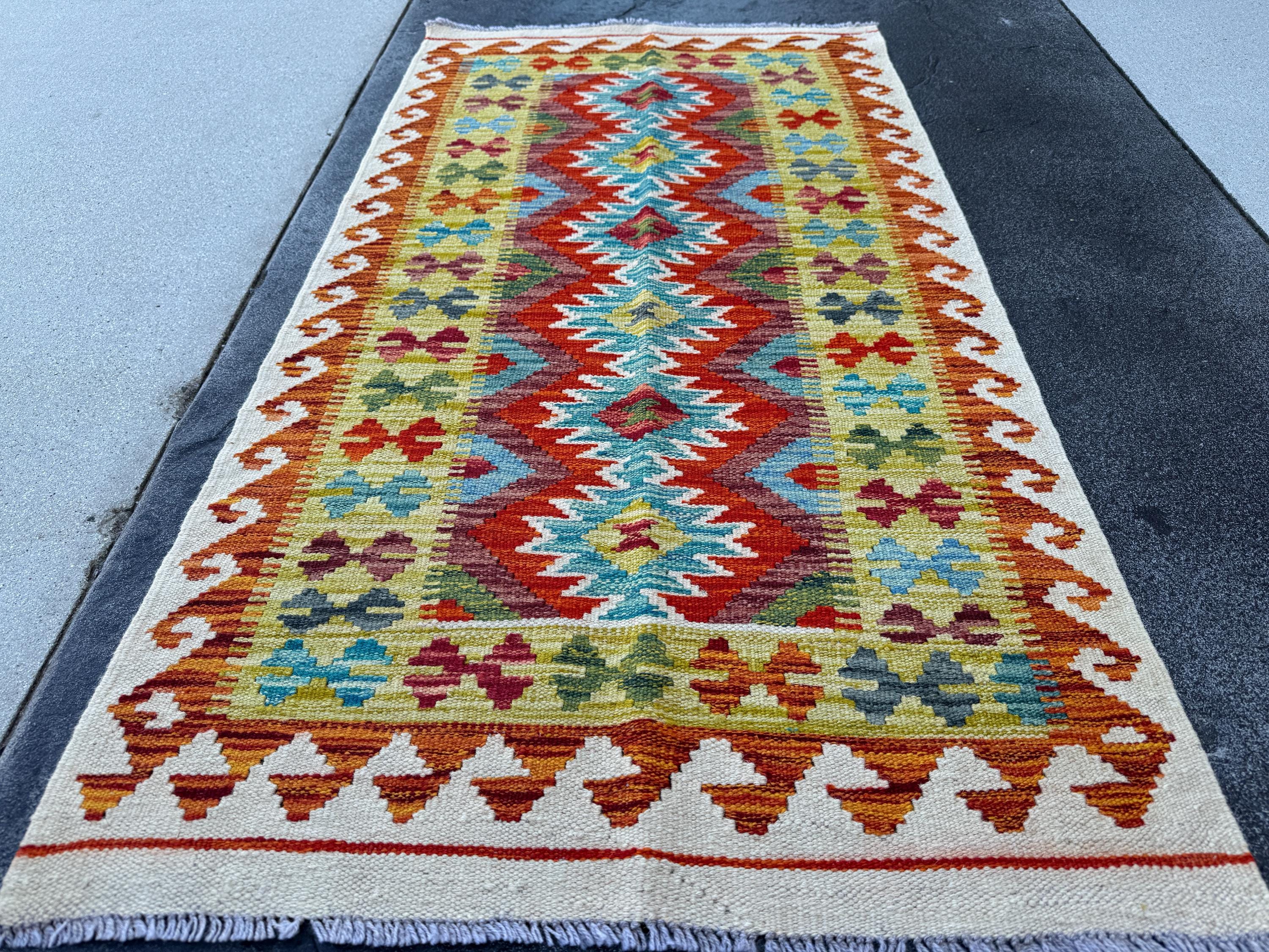3x5 Handmade Afghan Kilim Rug | Cream Rust Red Burgundy Maroon Aqua Teal Turquoise Mustard Yellow Olive Green Grey Black | Wool Flatwoven