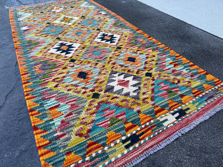 2x5 Handmade Afghan Kilim Runner Rug | Cream Tan Brown Grey Crimson Burgundy Red Aqua Teal Denim Blue Forest Olive Green | Wool Flatwoven