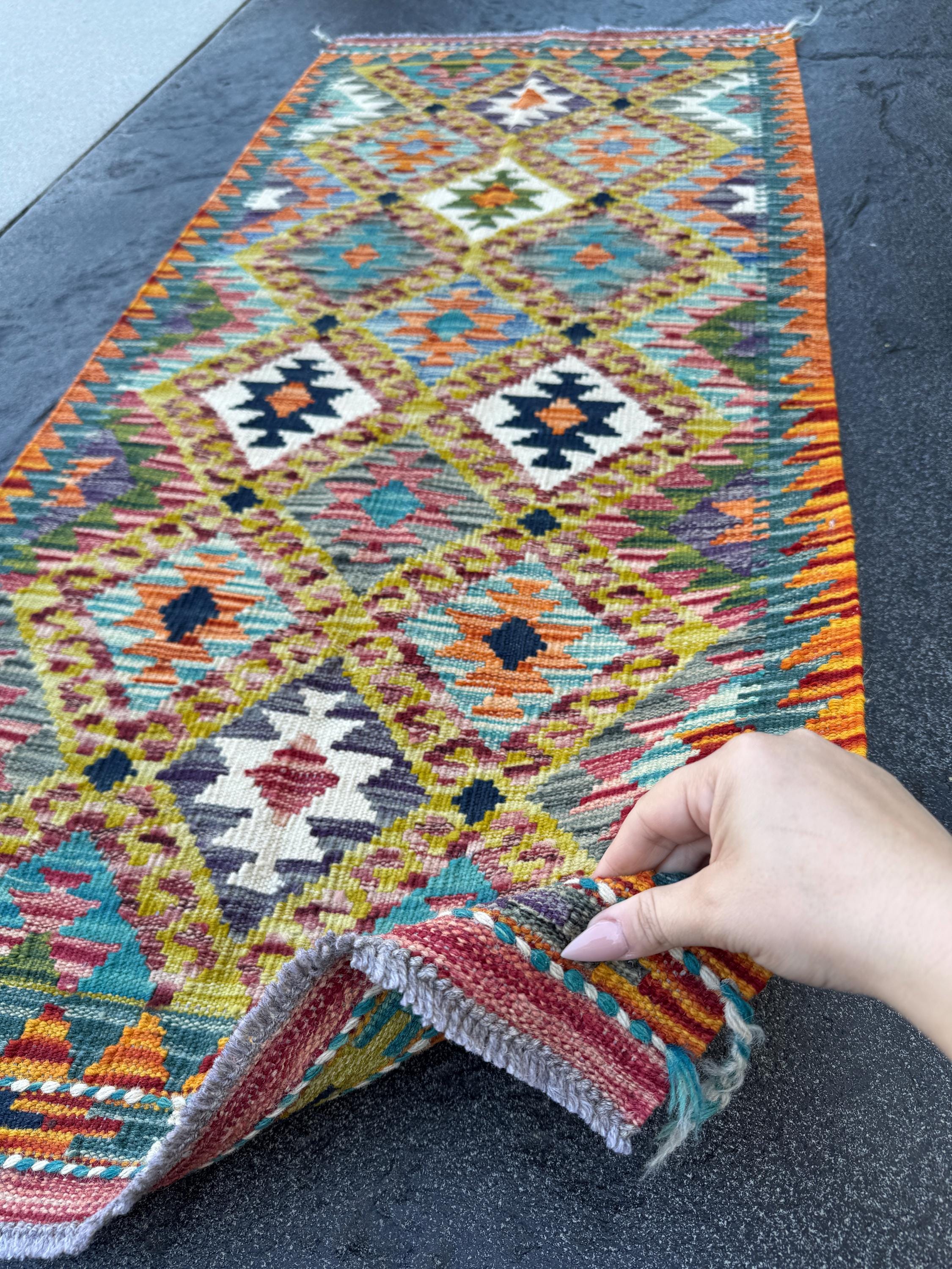 2x5 Handmade Afghan Kilim Runner Rug | Cream Tan Brown Grey Crimson Burgundy Red Aqua Teal Denim Blue Forest Olive Green | Wool Flatwoven