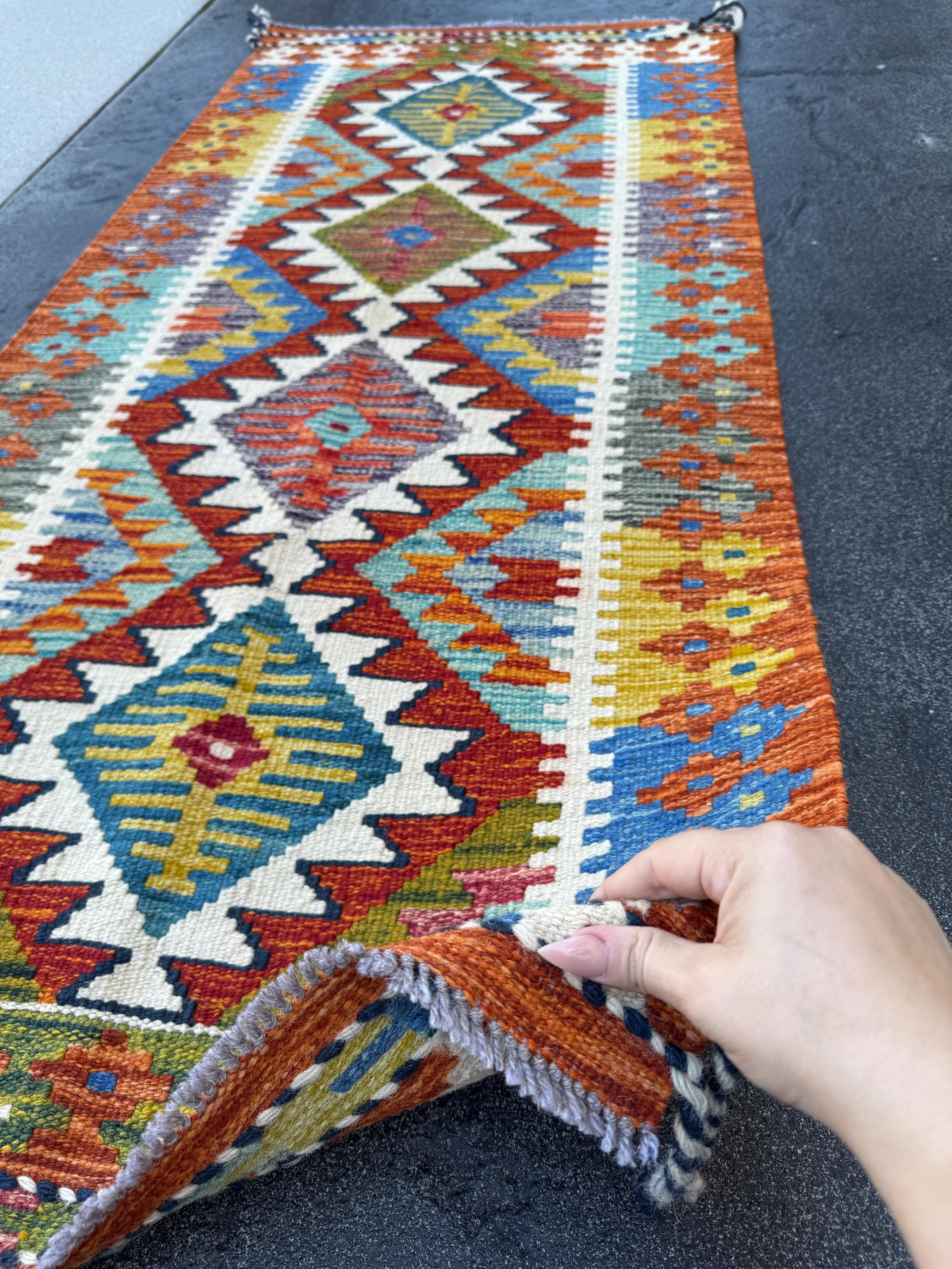 2x5 Handmade Afghan Kilim Runner Rug | Red Cream Tan Brown Grey Crimson Burgundy Aqua Teal Denim Blue Forest Olive Green | Wool Flatwoven