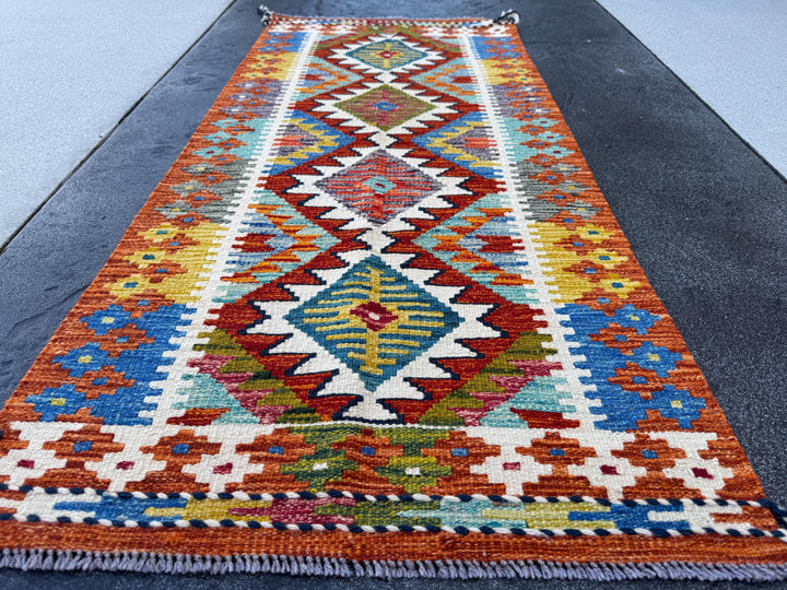 2x5 Handmade Afghan Kilim Runner Rug | Red Cream Tan Brown Grey Crimson Burgundy Aqua Teal Denim Blue Forest Olive Green | Wool Flatwoven