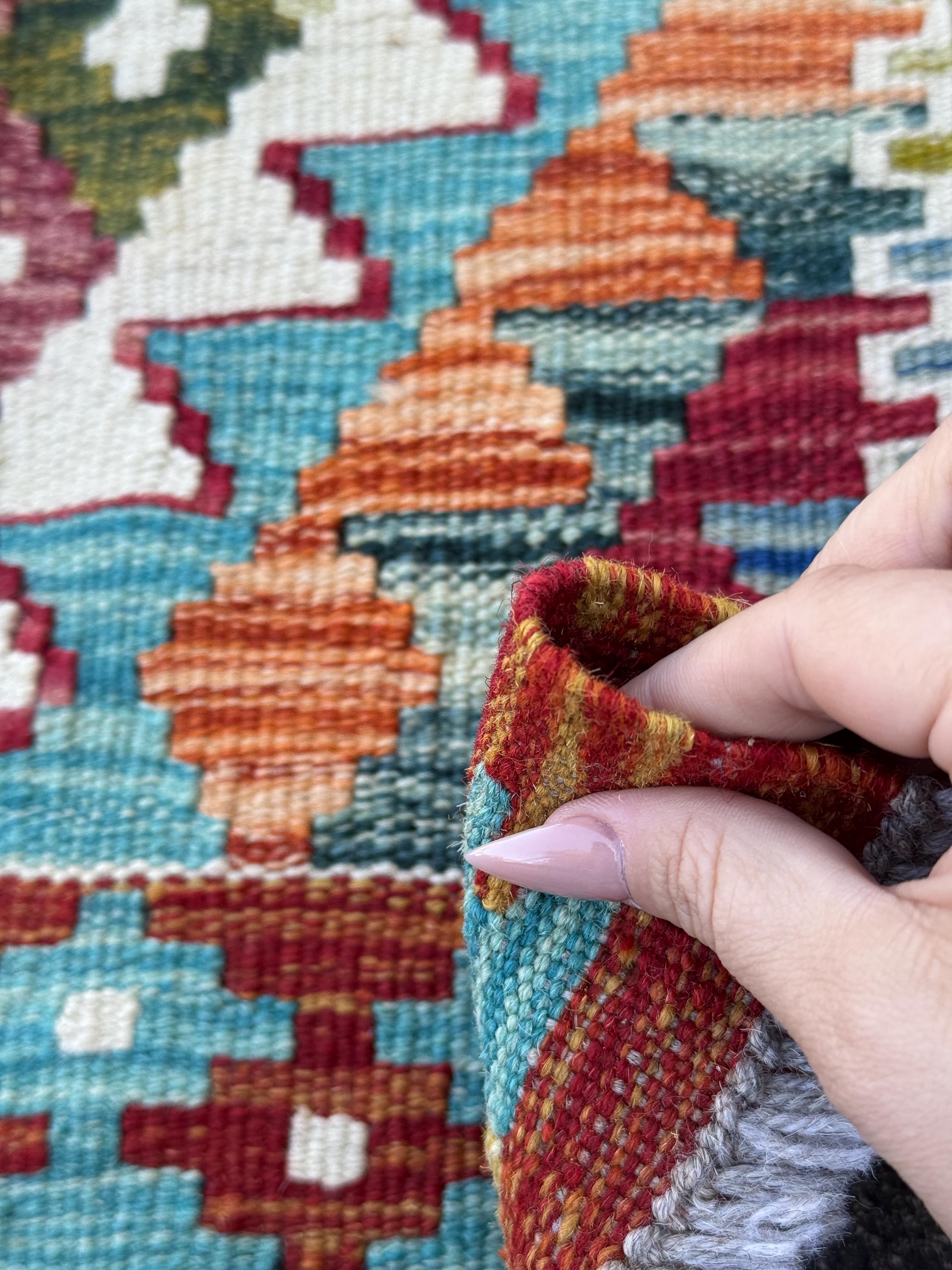 2x5 Handmade Afghan Kilim Runner Rug | Blood Red Olive Moss Green Denim Blue Ivory Orange Teal Turquoise Cream | Wool Flatwoven