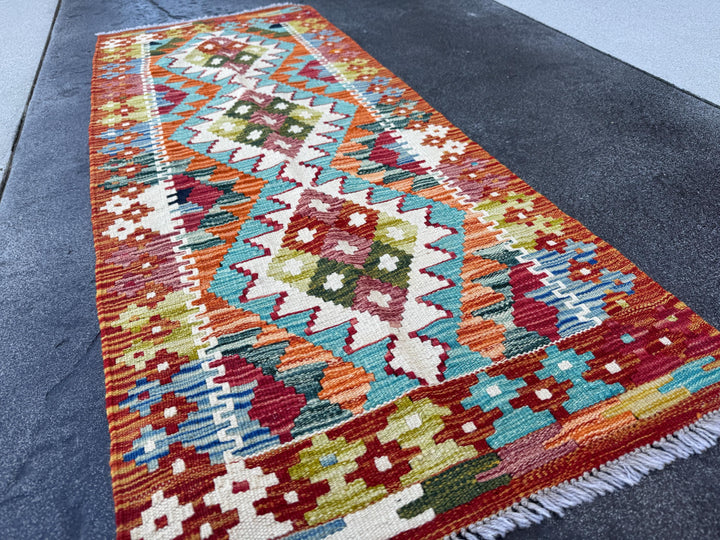 2x5 Handmade Afghan Kilim Runner Rug | Blood Red Olive Moss Green Denim Blue Ivory Orange Teal Turquoise Cream | Wool Flatwoven