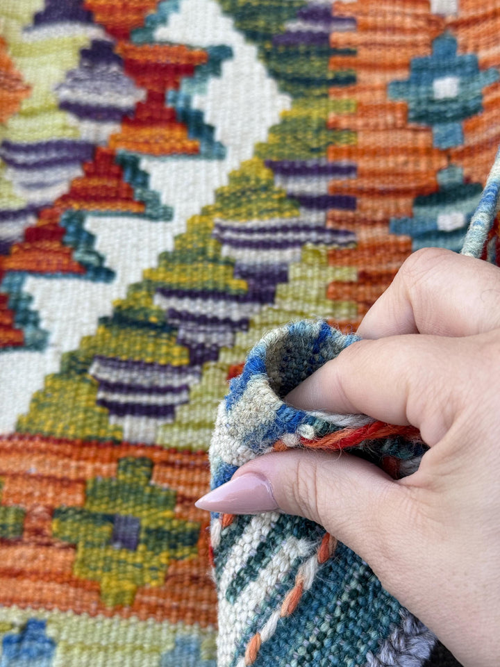 2x5 Handmade Afghan Kilim Runner Rug | Burnt Orange Cream Eggplant Purple Olive Moss Green Teal Denim Light Blue Grey | Wool Flatwoven