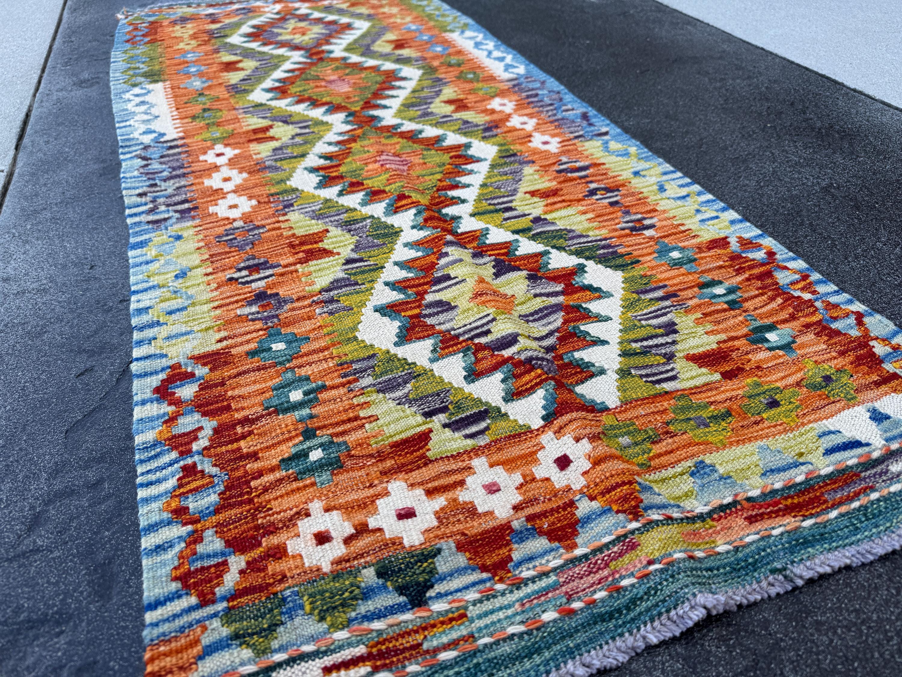 2x5 Handmade Afghan Kilim Runner Rug | Burnt Orange Cream Eggplant Purple Olive Moss Green Teal Denim Light Blue Grey | Wool Flatwoven