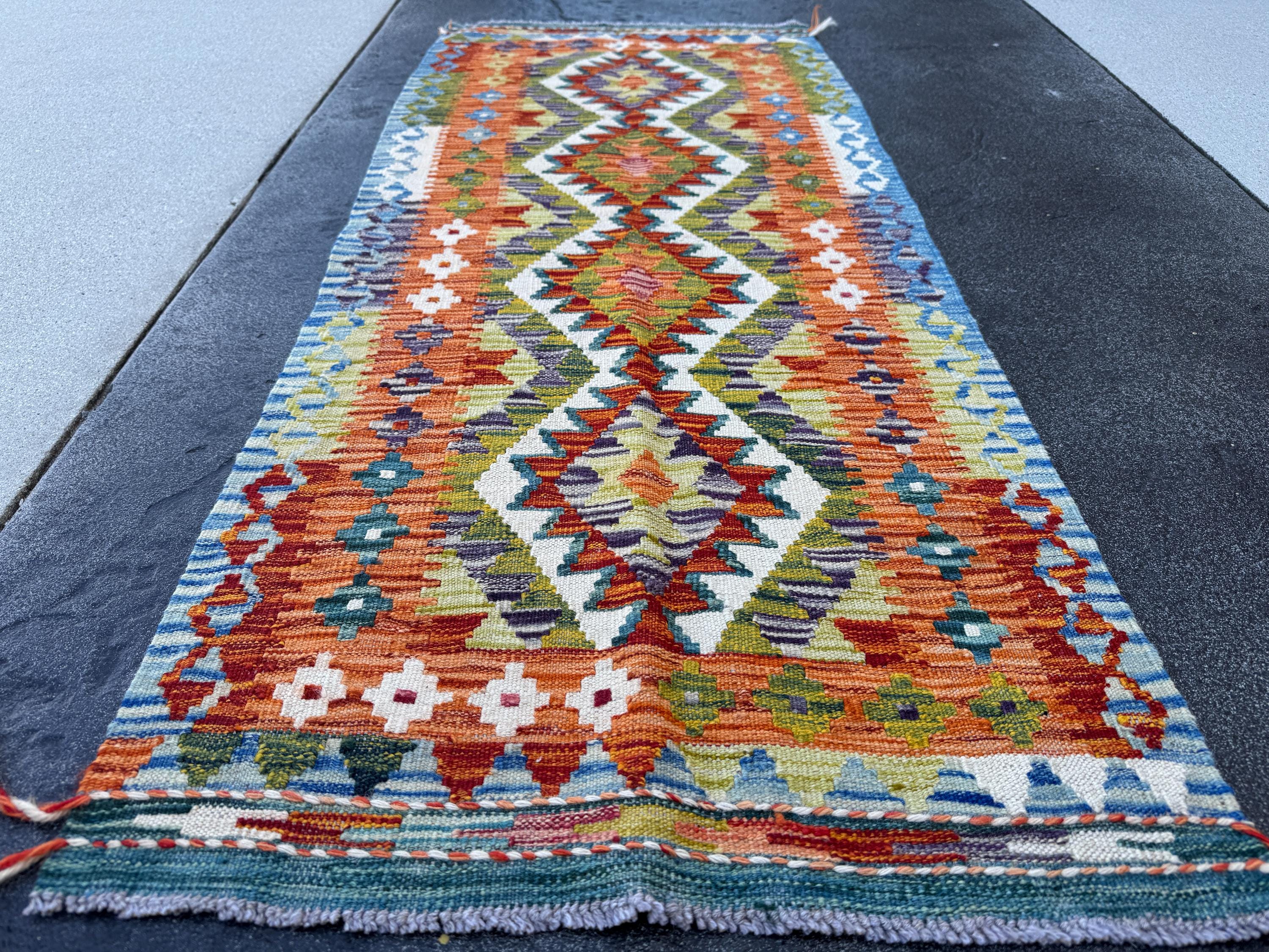 2x5 Handmade Afghan Kilim Runner Rug | Burnt Orange Cream Eggplant Purple Olive Moss Green Teal Denim Light Blue Grey | Wool Flatwoven