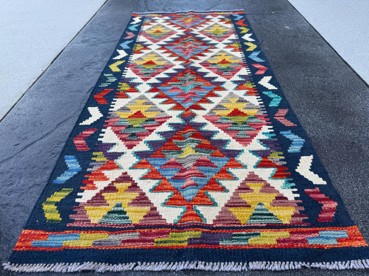 2x5 Handmade Afghan Kilim Runner Rug | Midnight Denim Navy Blue Cream Olive Moss Green Teal Grey Mustard Purple Red Rust Orange | Flatwoven