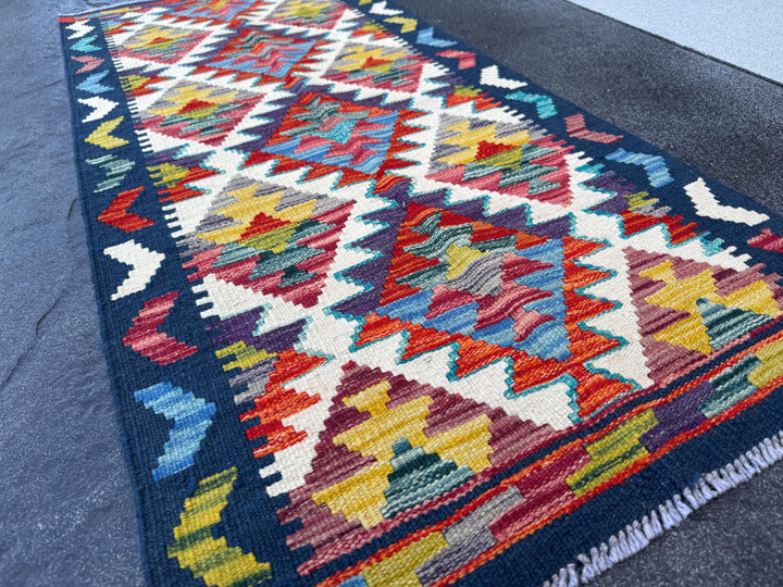 2x5 Handmade Afghan Kilim Runner Rug | Midnight Denim Navy Blue Cream Olive Moss Green Teal Grey Mustard Purple Red Rust Orange | Flatwoven