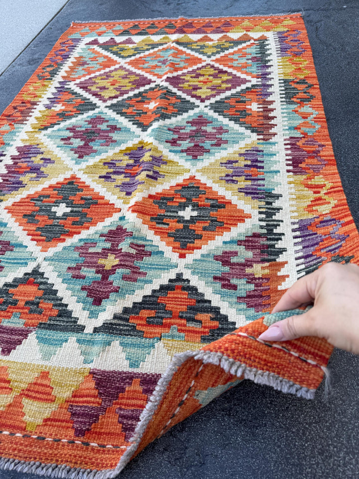 3x4 (91x152) Handmade Afghan Kilim Rug | Cream White Mustard Olive Aqua Teal Burnt Orange Burgundy Lavender Charcoal Grey | Wool Flatwoven