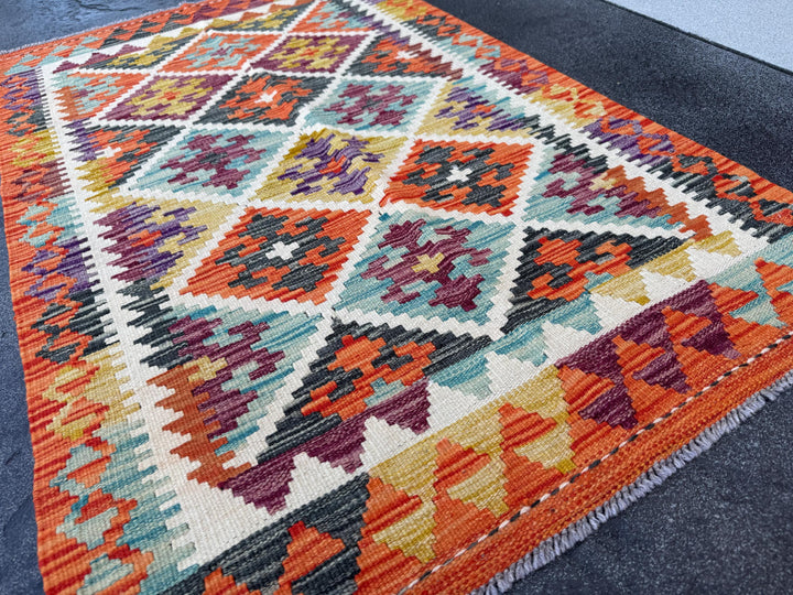 3x4 (91x152) Handmade Afghan Kilim Rug | Cream White Mustard Olive Aqua Teal Burnt Orange Burgundy Lavender Charcoal Grey | Wool Flatwoven