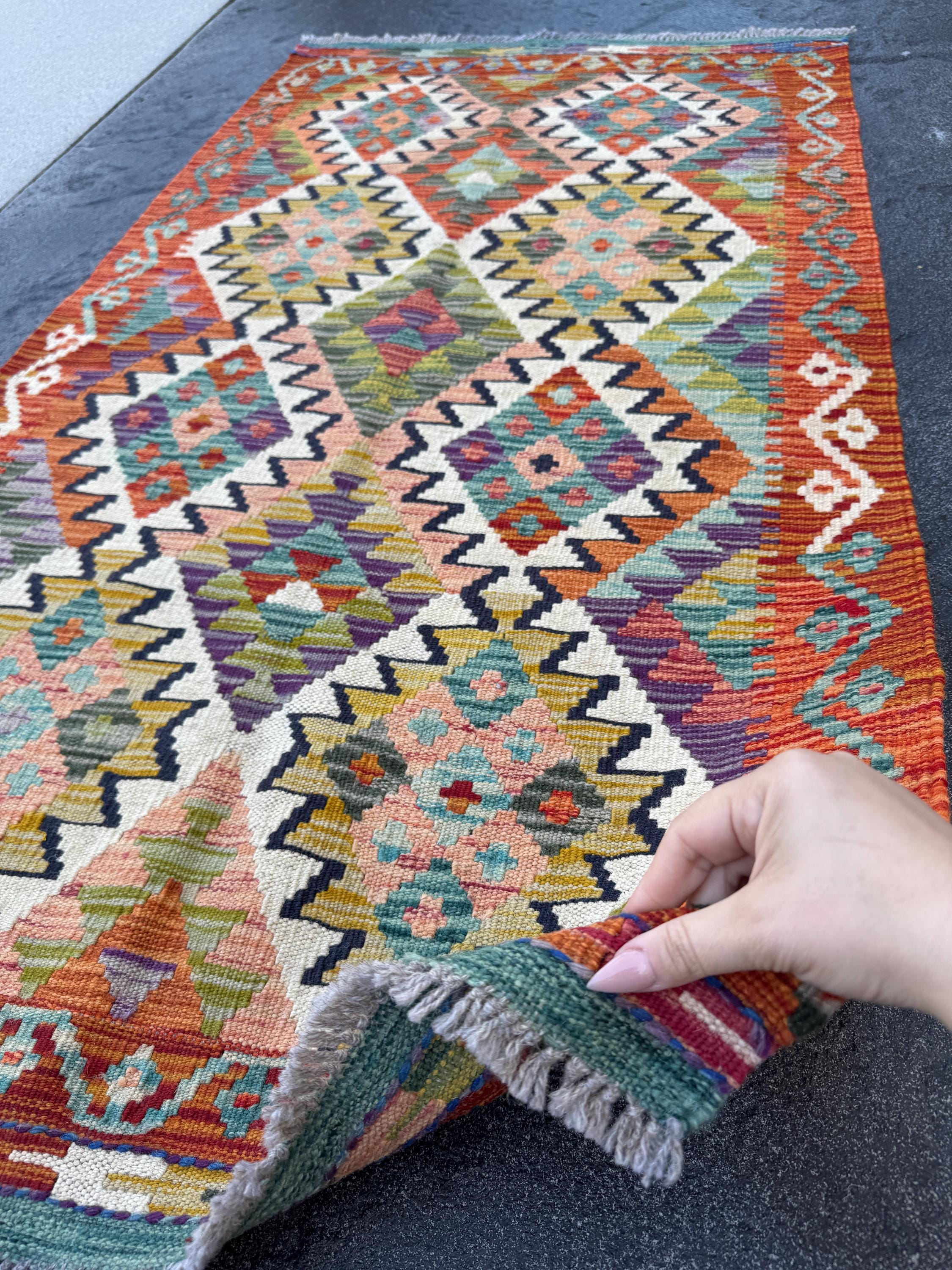 3x5 (91x152) Handmade Afghan Kilim Rug | Burnt Orange Olive Moss Green Ivory Teal Charcal Grey Purple Mustard Midnight Blue | Wool Flatwoven