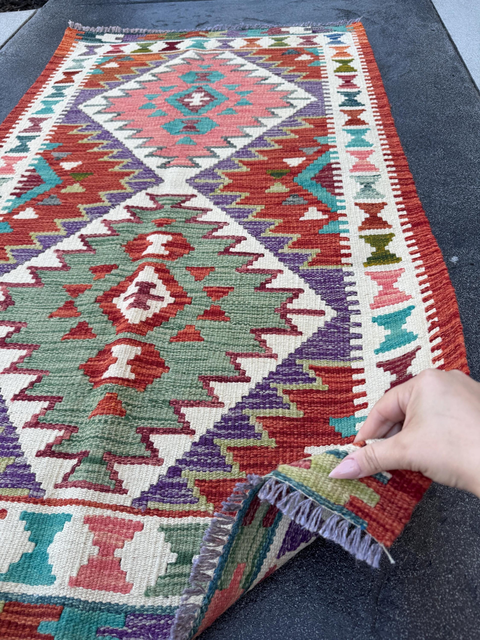 3x5 (91x152) Handmade Afghan Kilim Rug | Blood Red Maroon Forest Moss Green Ivory Purple Coral Pink Teal | Wool Flatwoven