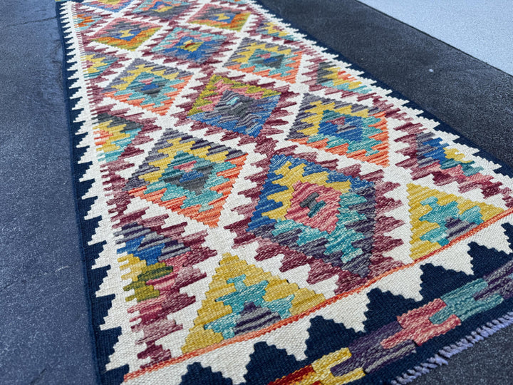 2x5 Handmade Afghan Kilim Runner Rug | Cream Maroon Denim Blue Orange Olive Moss Green Teal Mustard Gold Red Charcoal Grey | Wool Flatwoven
