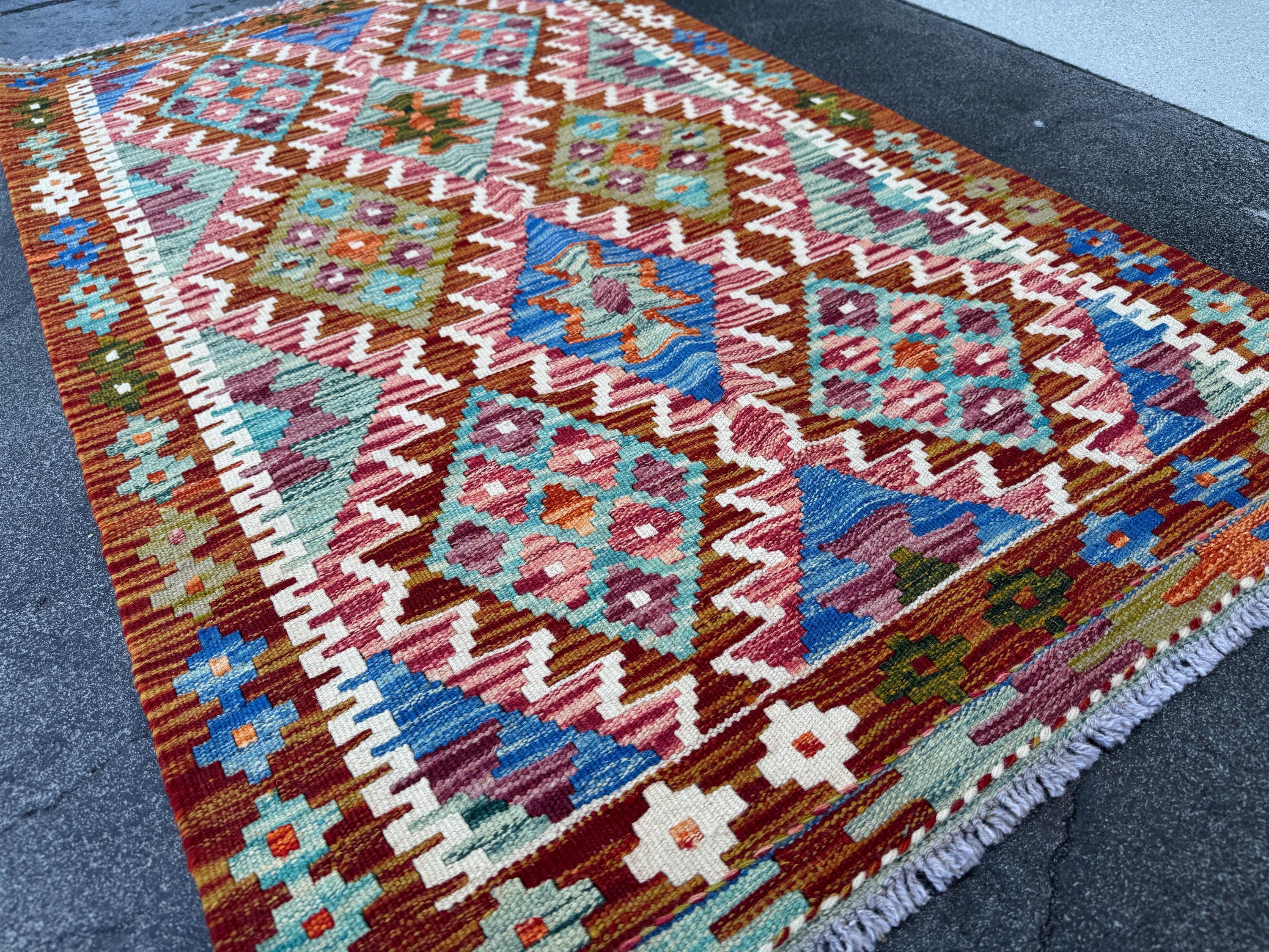 3x5 (91x152) Handmade Afghan Kilim Rug | Burnt Orange Denim Navy Blue Red Pink Purple Maroon Teal Cream Ivory Moss Green | Wool Flatwoven