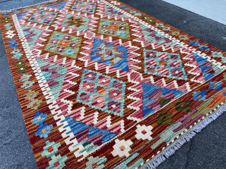 3x5 (91x152) Handmade Afghan Kilim Rug | Burnt Orange Denim Navy Blue Red Pink Purple Maroon Teal Cream Ivory Moss Green | Wool Flatwoven