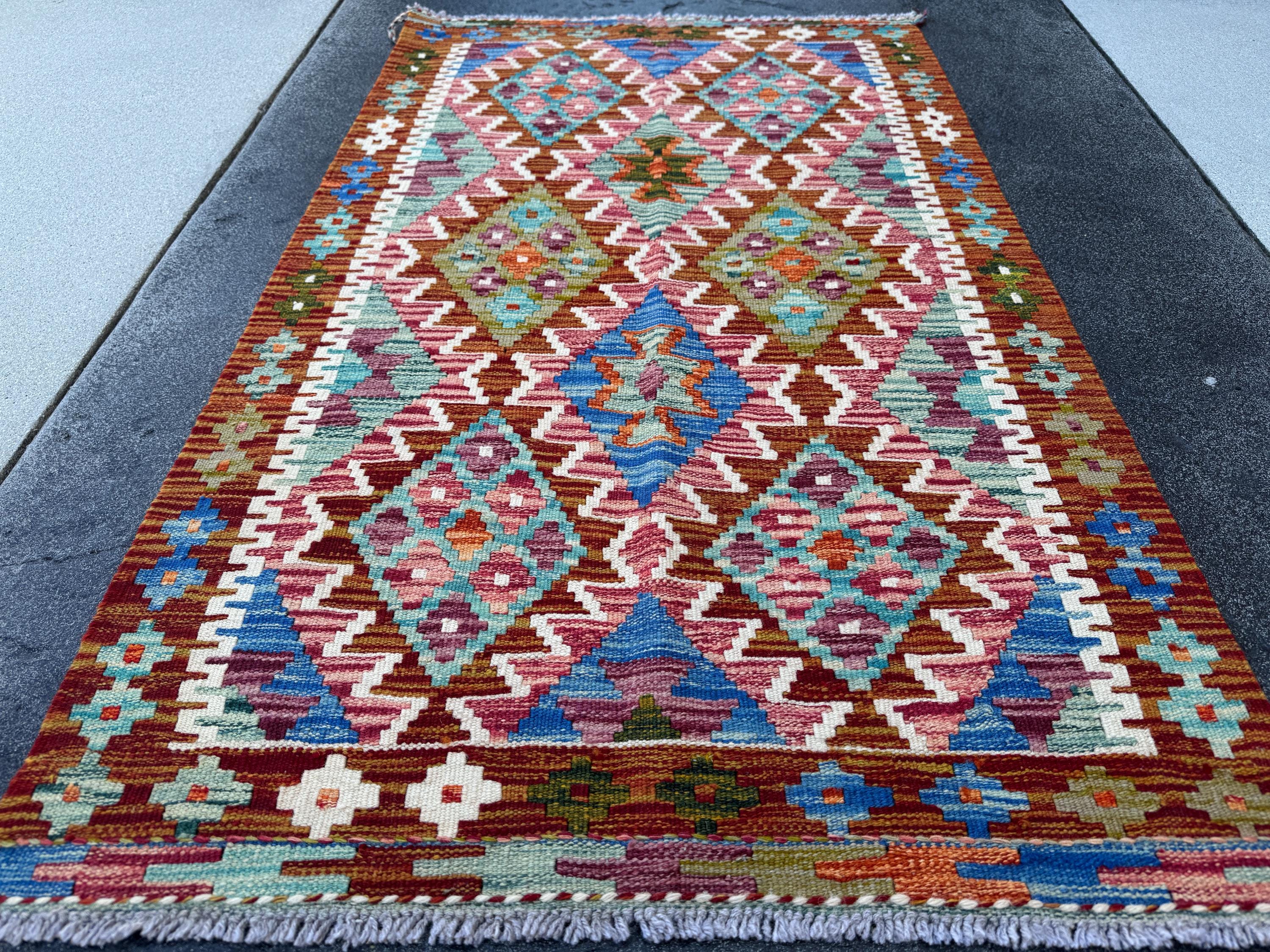 3x5 (91x152) Handmade Afghan Kilim Rug | Burnt Orange Denim Navy Blue Red Pink Purple Maroon Teal Cream Ivory Moss Green | Wool Flatwoven