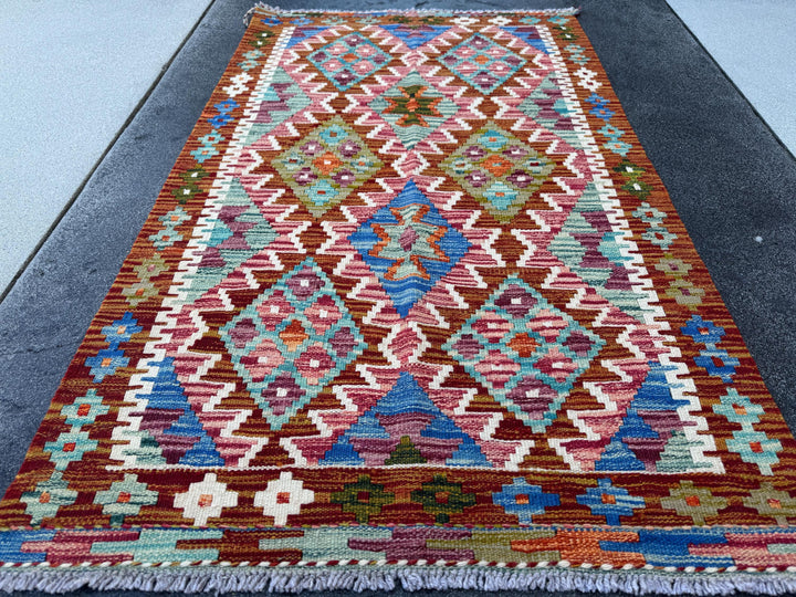 3x5 (91x152) Handmade Afghan Kilim Rug | Burnt Orange Denim Navy Blue Red Pink Purple Maroon Teal Cream Ivory Moss Green | Wool Flatwoven