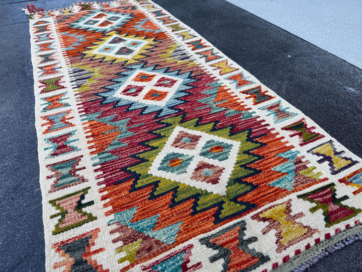 2x5 Handmade Afghan Kilim Runner Rug | Blood Red Burnt Orange Teal Cream Ivory Olive Moss Green Chocolate Gold Mustard | Wool Flatwoven