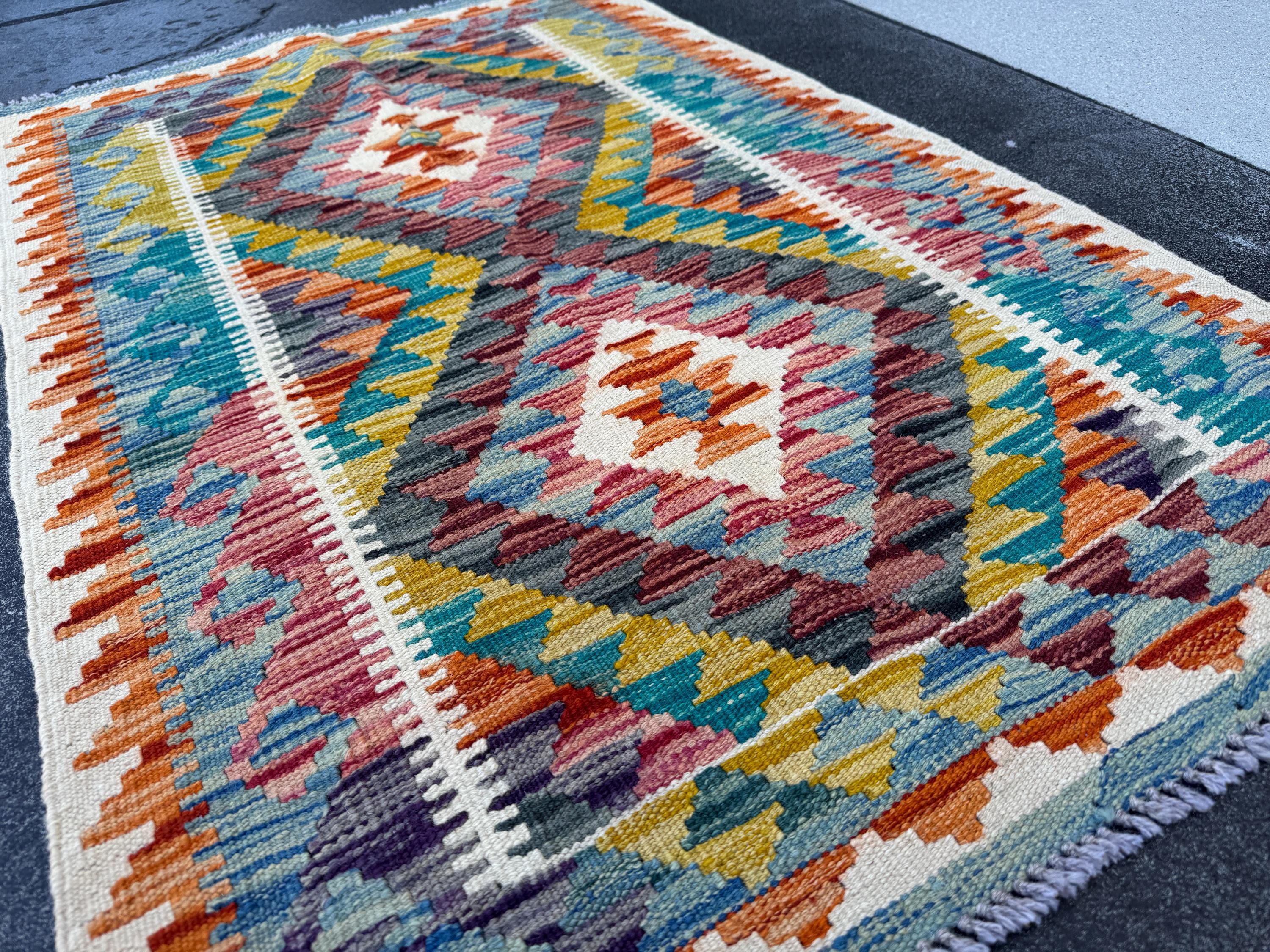 3x4 Handmade Afghan Kilim Rug | Teal Denim Blue Blood Red Maroon Burnt Orange Olive Moss Green Charcoal Grey Cream Ivory | Wool Flatwoven