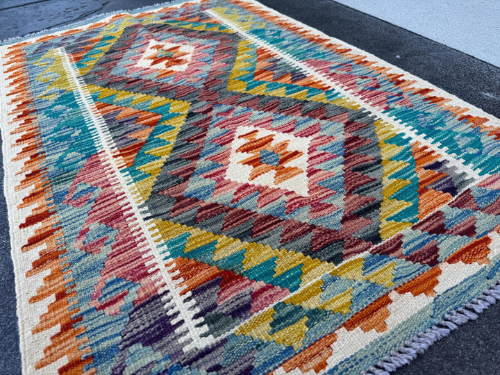 3x4 Handmade Afghan Kilim Rug | Teal Denim Blue Blood Red Maroon Burnt Orange Olive Moss Green Charcoal Grey Cream Ivory | Wool Flatwoven