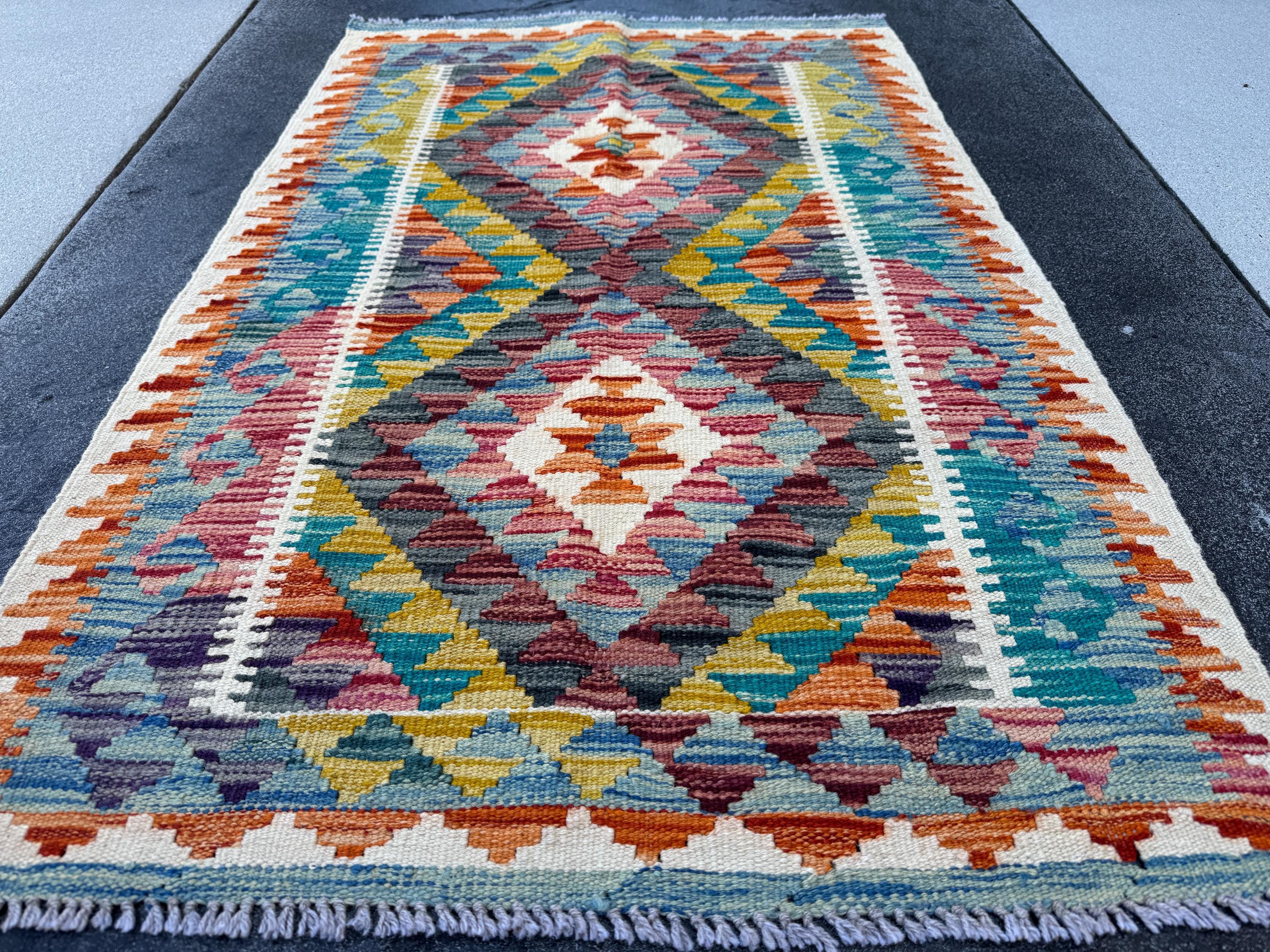 3x4 Handmade Afghan Kilim Rug | Teal Denim Blue Blood Red Maroon Burnt Orange Olive Moss Green Charcoal Grey Cream Ivory | Wool Flatwoven