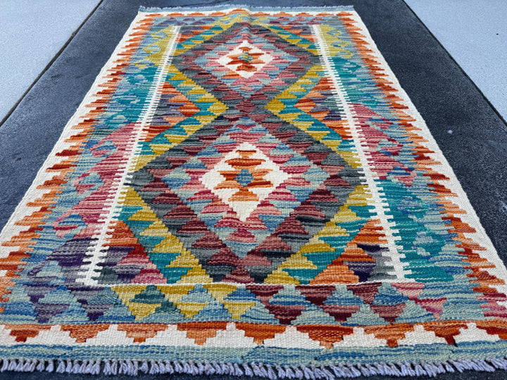 3x4 Handmade Afghan Kilim Rug | Teal Denim Blue Blood Red Maroon Burnt Orange Olive Moss Green Charcoal Grey Cream Ivory | Wool Flatwoven