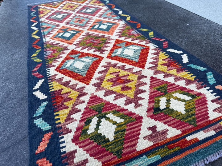 2x5 Handmade Afghan Kilim Runner Rug | Cream Blood Red Maroon Mustard Gold Teal Orange Midnight Blue Olive Moss Chocolate | Wool Flatwoven