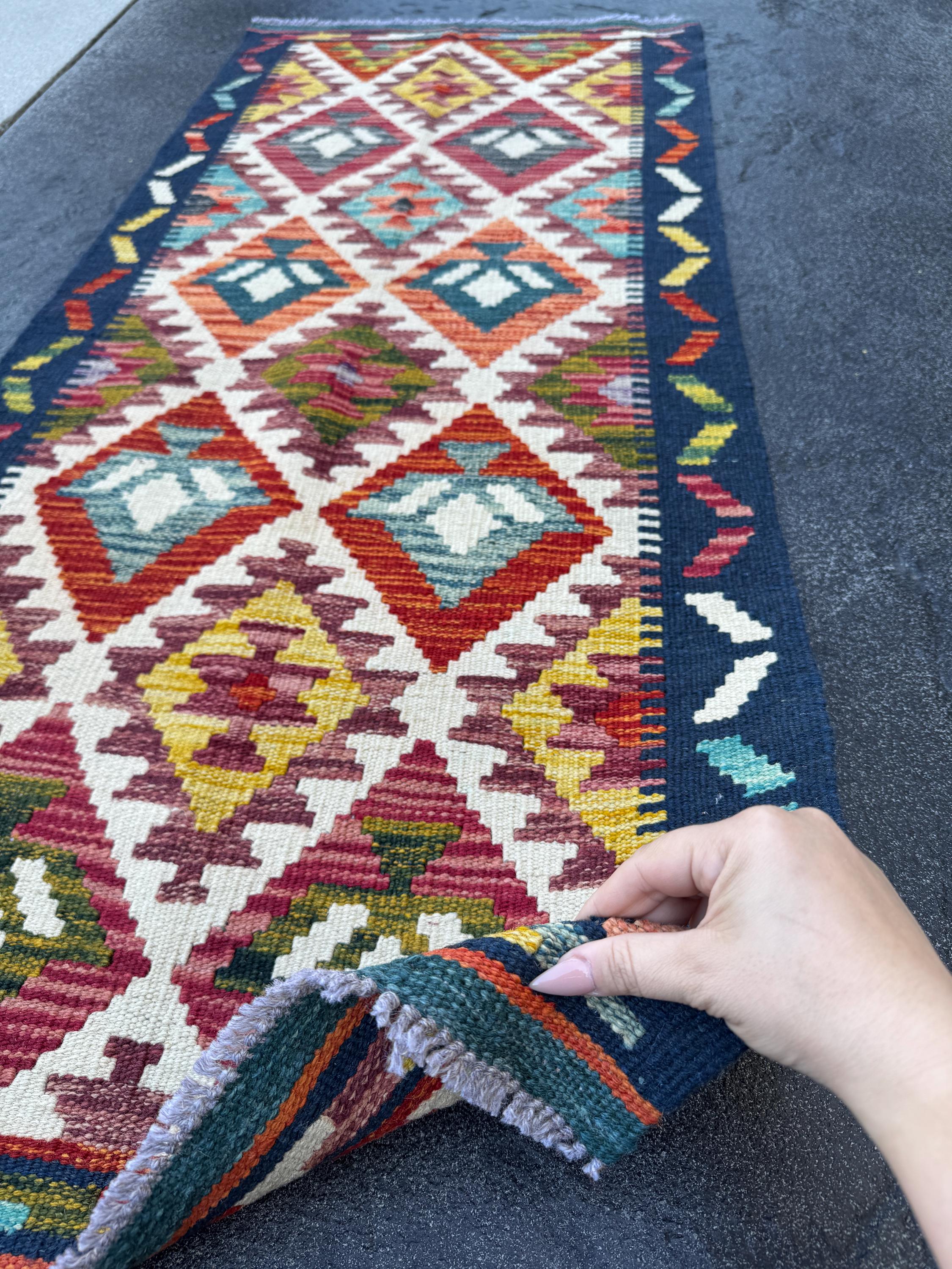 2x5 Handmade Afghan Kilim Runner Rug | Cream Blood Red Maroon Mustard Gold Teal Orange Midnight Blue Olive Moss Chocolate | Wool Flatwoven