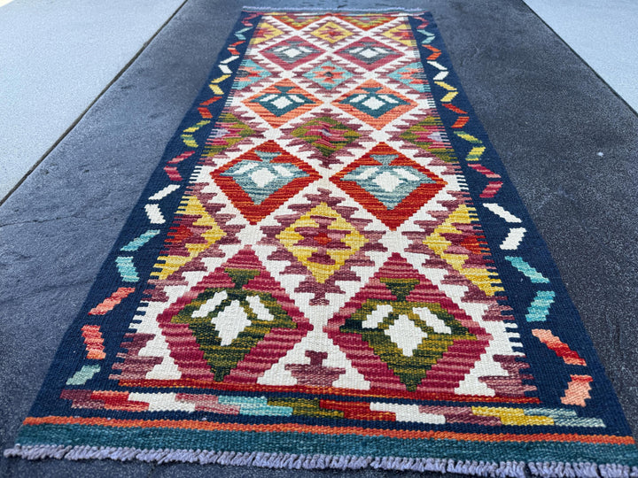 2x5 Handmade Afghan Kilim Runner Rug | Cream Blood Red Maroon Mustard Gold Teal Orange Midnight Blue Olive Moss Chocolate | Wool Flatwoven