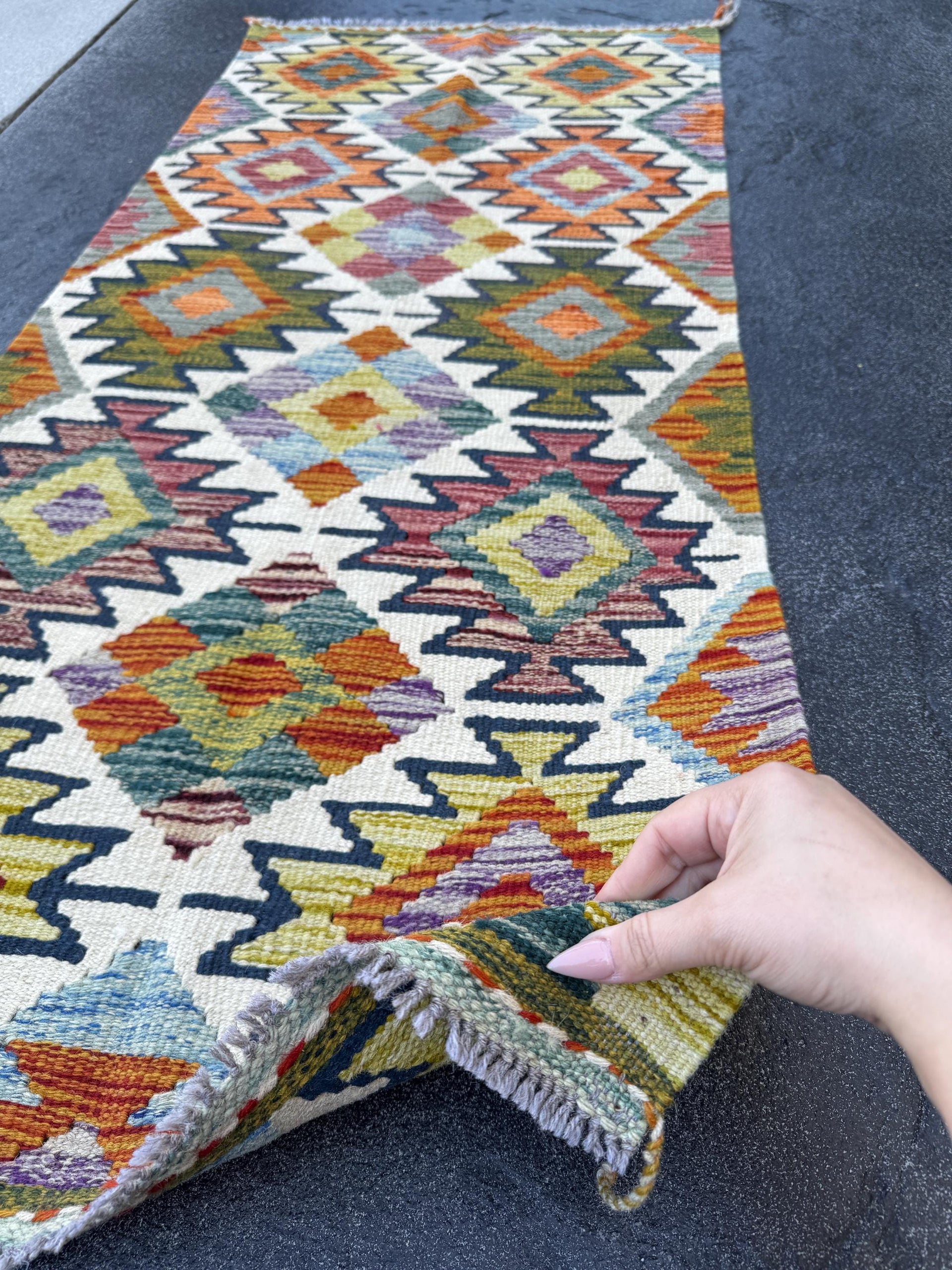 2x5 Handmade Afghan Kilim Runner Rug | Cream Olive Moss Pine Green Maroon Red Burnt Orange Teal Purple Grey Denim Blue | Wool Flatwoven