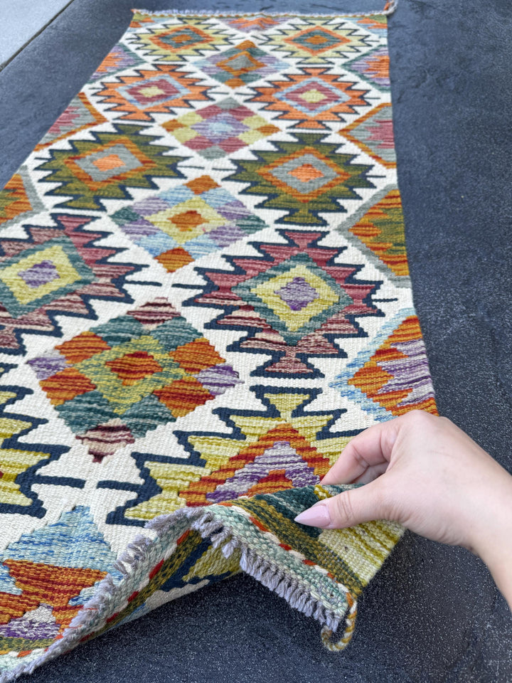 2x5 Handmade Afghan Kilim Runner Rug | Cream Olive Moss Pine Green Maroon Red Burnt Orange Teal Purple Grey Denim Blue | Wool Flatwoven