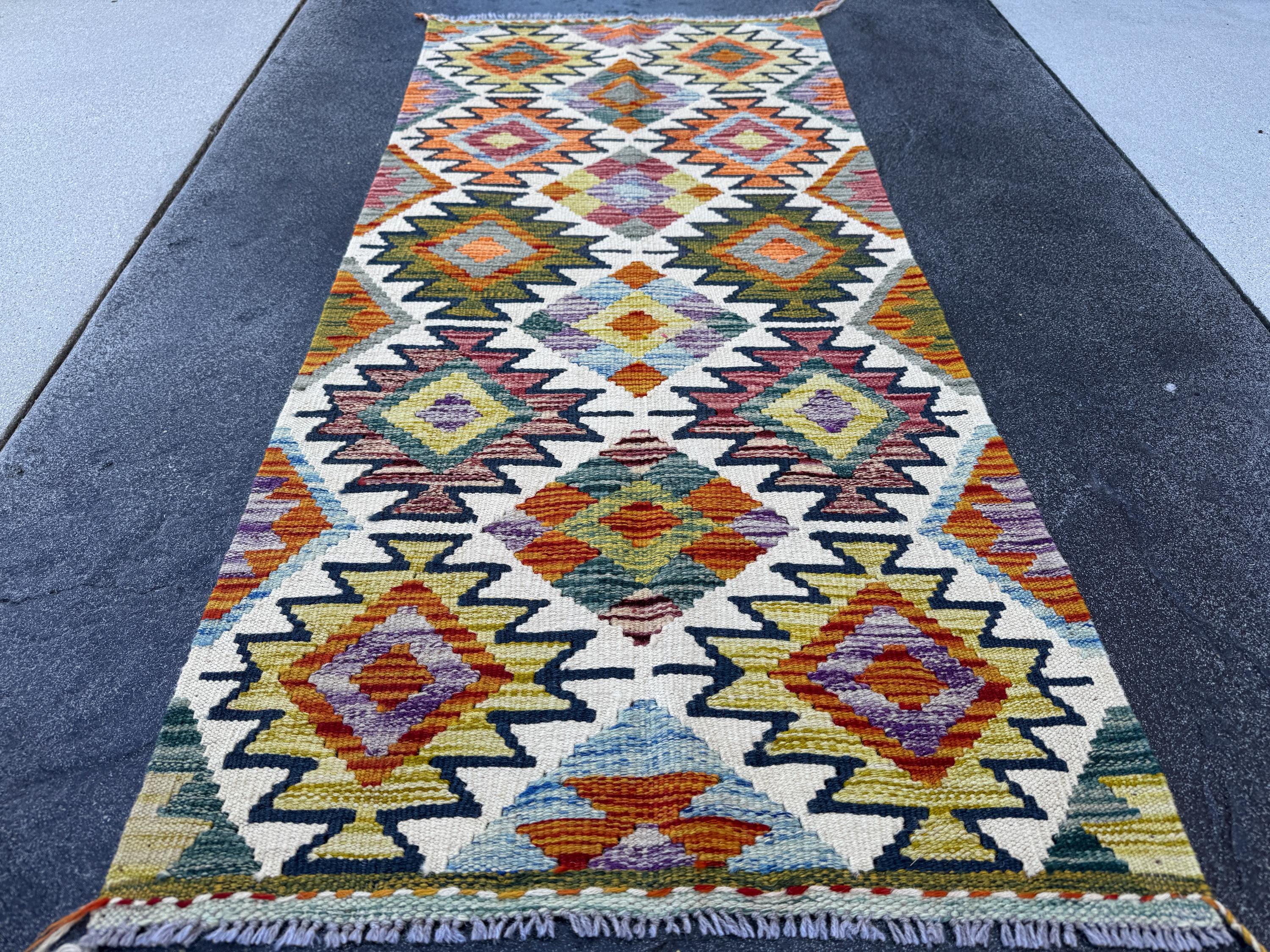 2x5 Handmade Afghan Kilim Runner Rug | Cream Olive Moss Pine Green Maroon Red Burnt Orange Teal Purple Grey Denim Blue | Wool Flatwoven