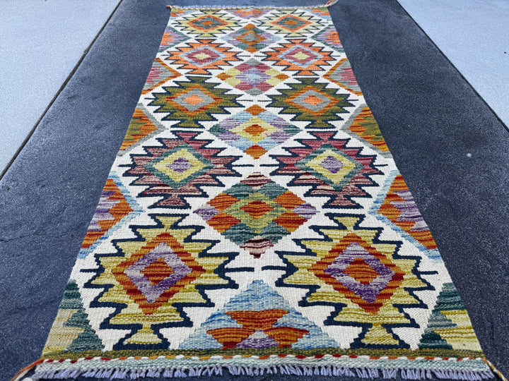 2x5 Handmade Afghan Kilim Runner Rug | Cream Olive Moss Pine Green Maroon Red Burnt Orange Teal Purple Grey Denim Blue | Wool Flatwoven