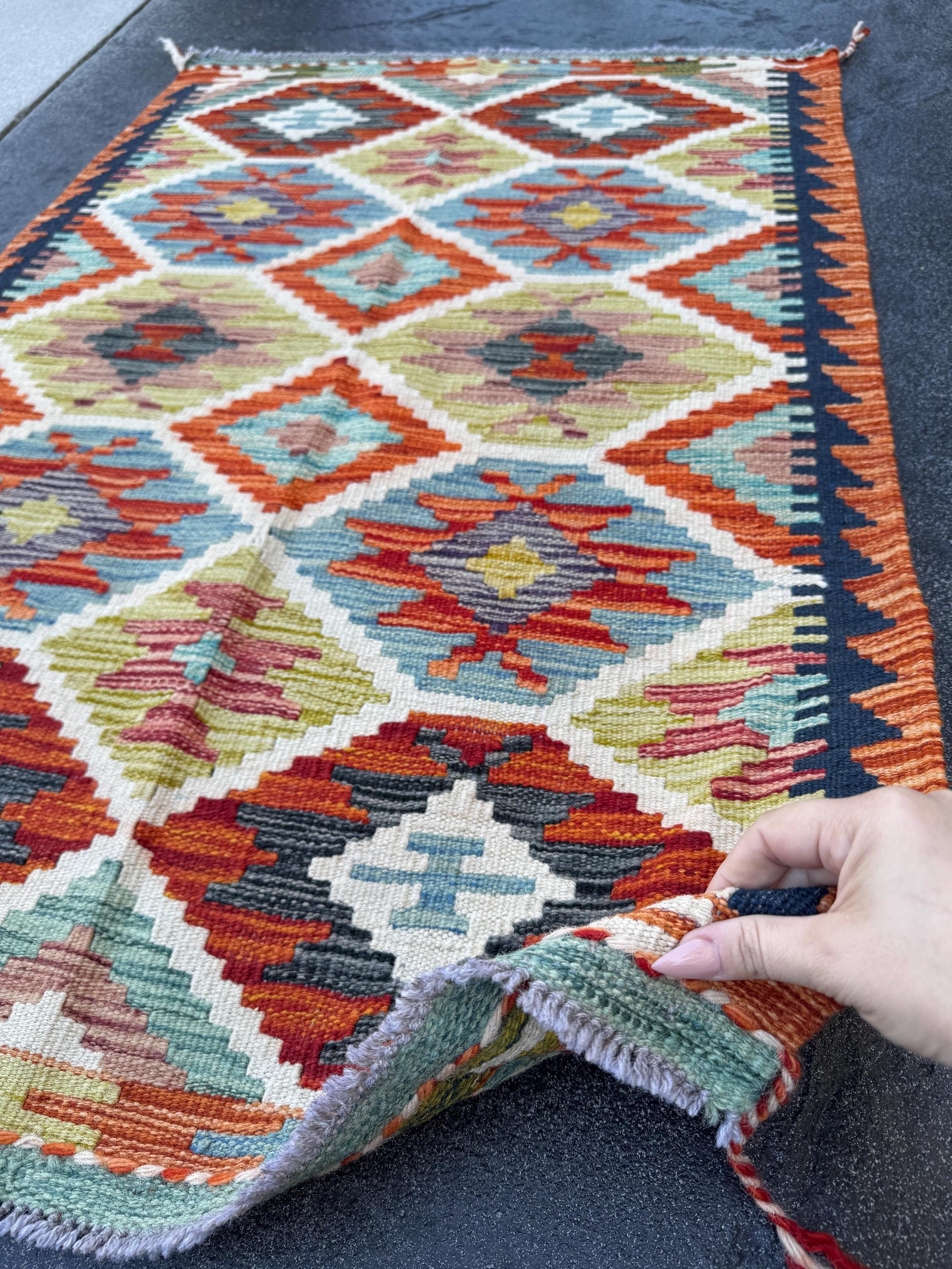 3x4 Handmade Afghan Kilim Rug | Olive Moss Green Ivory Cream Burnt Orange Charcoal Grey Midnight Sky Light Blue Red | Wool Flatwoven