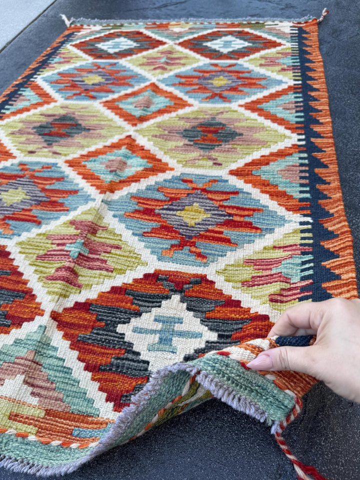3x4 Handmade Afghan Kilim Rug | Olive Moss Green Ivory Cream Burnt Orange Charcoal Grey Midnight Sky Light Blue Red | Wool Flatwoven