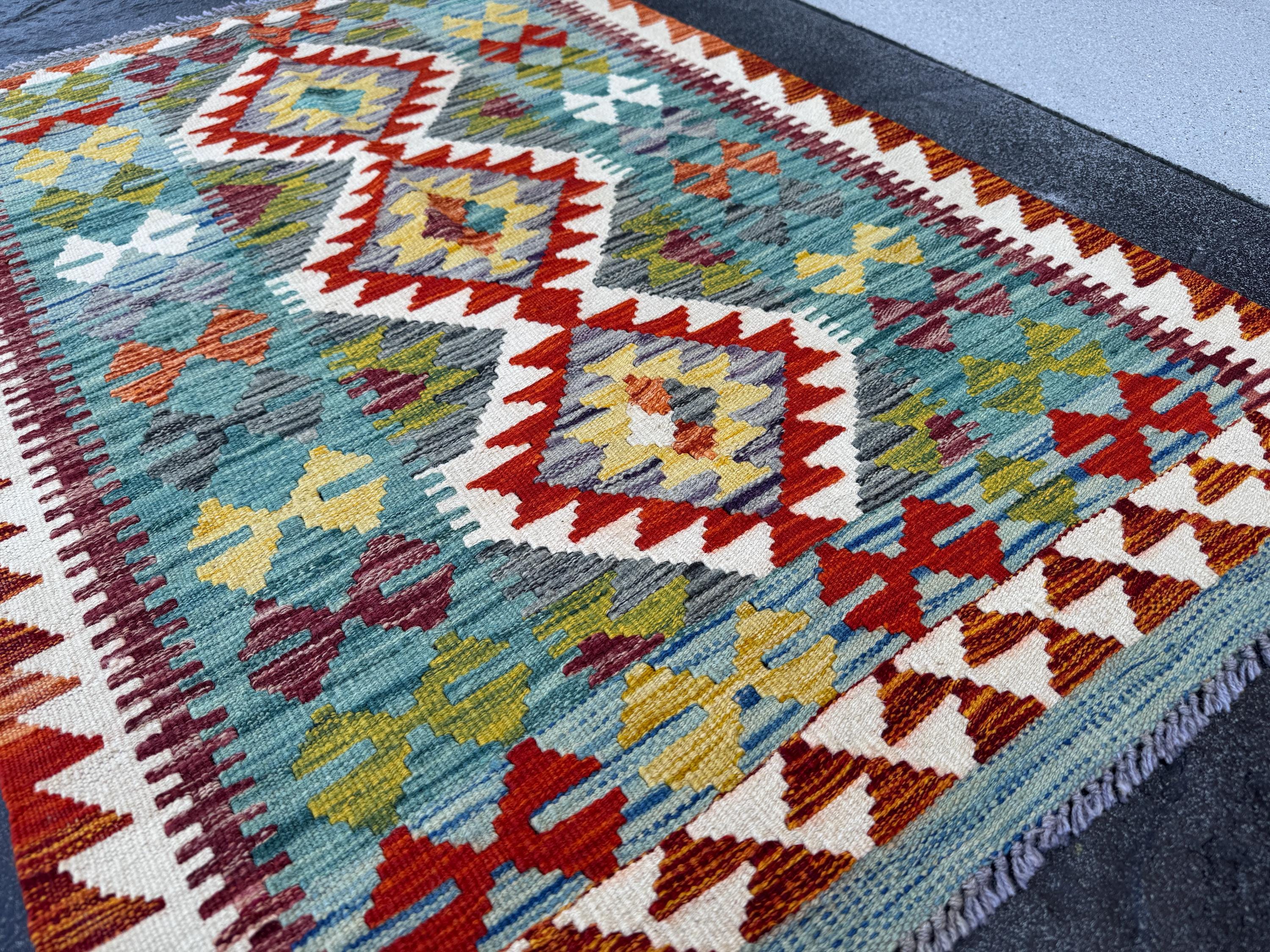 3x4 Handmade Afghan Kilim Rug | Teal Cream Ivory Rust Orange Brick Red Grey Olive Moss Green Maroon Mustard Yellow Gold | Wool Flatwoven