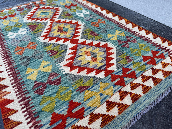 3x4 Handmade Afghan Kilim Rug | Teal Cream Ivory Rust Orange Brick Red Grey Olive Moss Green Maroon Mustard Yellow Gold | Wool Flatwoven
