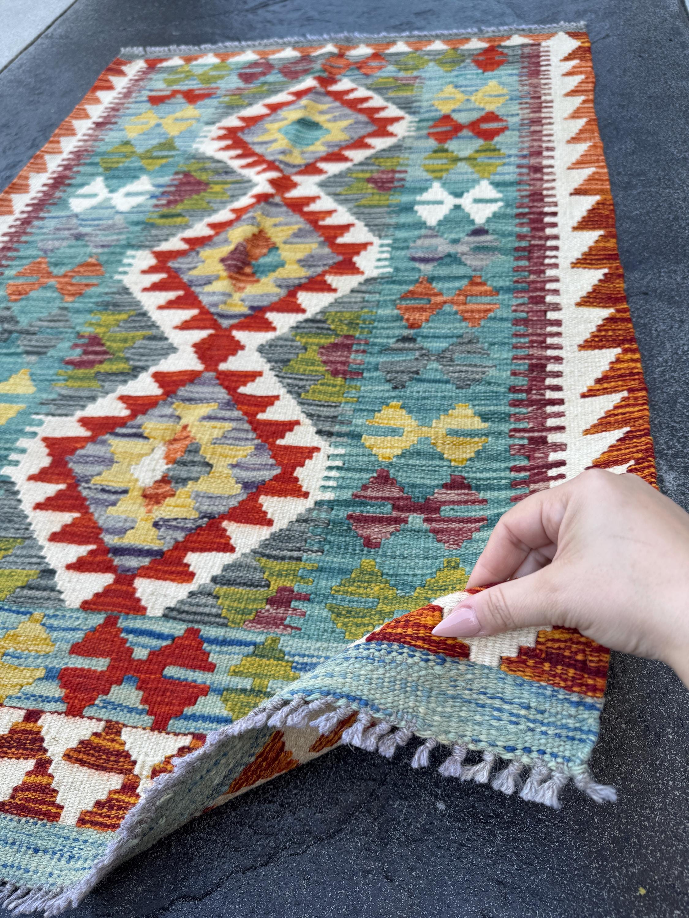 3x4 Handmade Afghan Kilim Rug | Teal Cream Ivory Rust Orange Brick Red Grey Olive Moss Green Maroon Mustard Yellow Gold | Wool Flatwoven